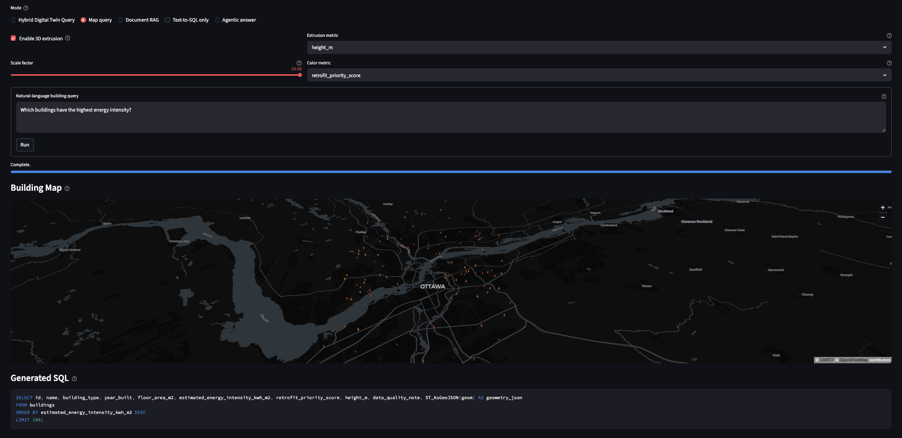 TwinQuery interface showing map query mode with 3D building extrusion over Ottawa and generated SQL